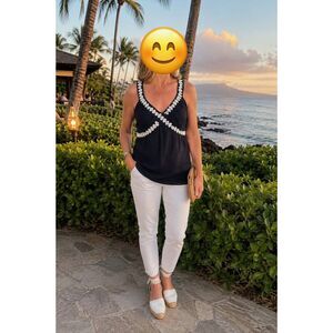 💙 LOFT Navy Sleeveless Chiffon Top w/ White Beaded V-Neck – Size 8 (Lined)